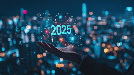 The 2025 New Year business goals concept. Businessman analyzes graph of trend market growth in 2025 and plans business growth and profit increases. calculates financial data for long-term investments 