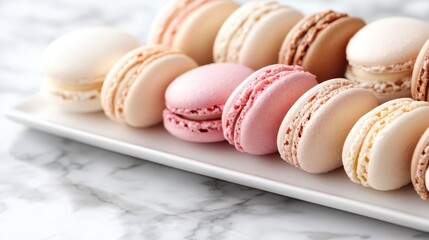 An exquisite array of colorful French macarons, featuring a range of pastel colors, beautifully placed on a marble surface, representing elegance and culinary delight.