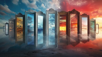 A series of interconnected doors, each leading to a different dream or realm, symbolizing the endless possibilities within dreams.