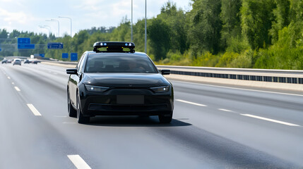 A self-driving car on a highway, with cameras and sensors visible on the exterior of the vehicle. Self-driving car on the road.