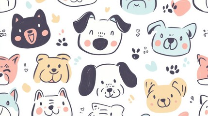 Fototapeta premium Charming doodle design showcases different dog faces adorned with playful colors, providing ample area for personalized text or messages. Generative AI