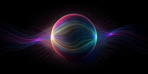 Vivid sphere with colorful waves radiating from a central point against a black background