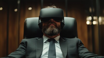 A businessman in a suit sits comfortably, engrossed in a virtual reality experience, representing the blend of professionalism and technological advancements.