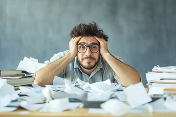 Overwhelmed person surrounded by paperwork in a cluttered workspace during daytime