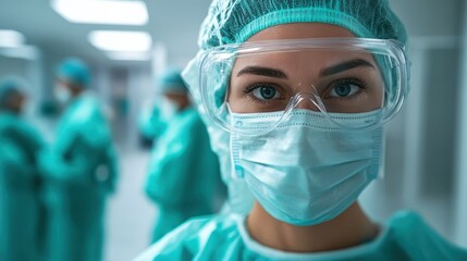 A focused surgeon in full protective gear, including a mask and goggles, stands ready in a sterile hospital operating room, symbolizing precision and care.