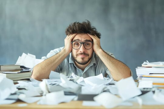Overwhelmed person surrounded by paperwork in a cluttered workspace during daytime