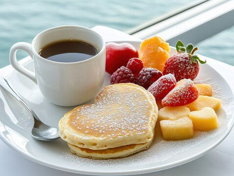 A serene Valentines Day breakfast setting with heart-shaped pancakes