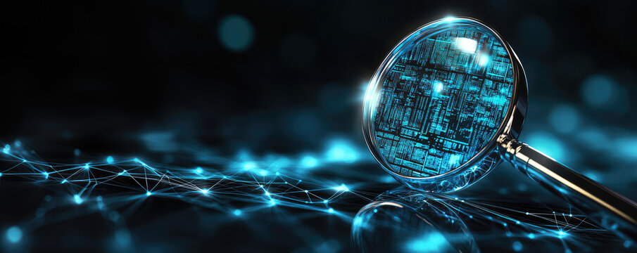 Internet search, data analysis creative concept wallpaper, magnifying glass on background with connection data flow