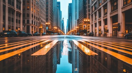 Obraz premium Reflections of the City Lights on the Wet Street