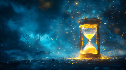 A Surreal Depiction of Cognitive Decline with a Fragmented Hourglass and Twinkling Stars on a Velvety Dark Blue Backdrop