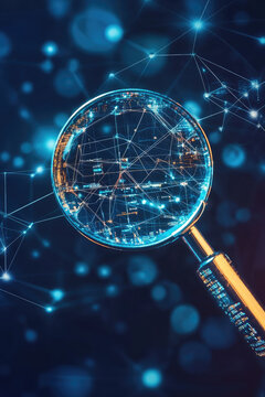 Internet search, data analysis creative concept wallpaper, magnifying glass on background with connection data flow