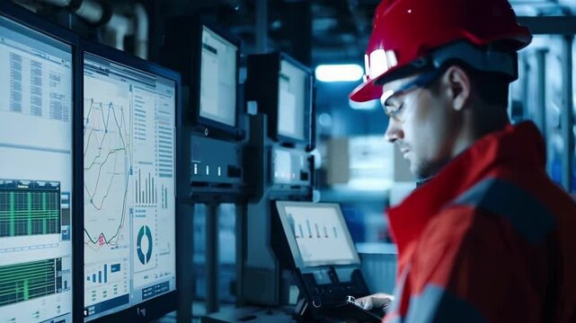 Industrial engineer wearing a hard hat and safety glasses is working on a computer in a control room, monitoring data and graphs