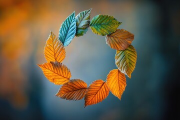 Obraz premium Circular arrangement of colorful autumn leaves, vibrant backdrop.