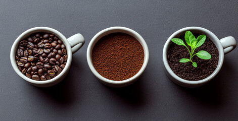 Three cups on a gray surface contain coffee beans, ground coffee, and soil with a sprout. Concept of growth and transformation. For coffee-themed content.