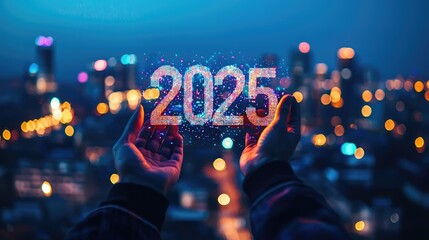 The 2025 New Year business goals concept. Businessman analyzes graph of trend market growth in 2025 and plans business growth and profit increases. calculates financial data for long-term investments 