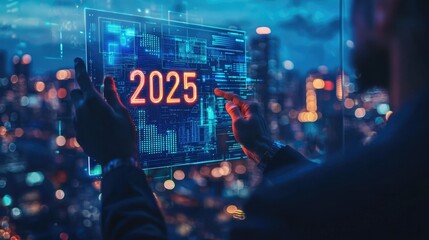 The 2025 New Year business goals concept. Businessman analyzes graph of trend market growth in 2025 and plans business growth and profit increases. calculates financial data for long-term investments 