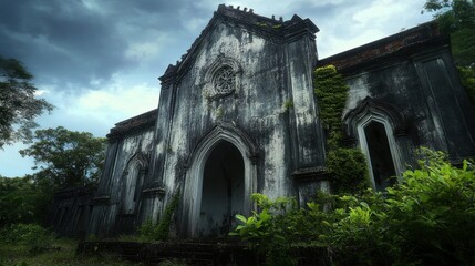 Obraz premium Haunting Gothic Cathedral in Lush Forest Landscape