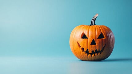 A single lit spooky halloween pumpkins, Jack O Lantern with evil face and eyes isolated against a blue background.