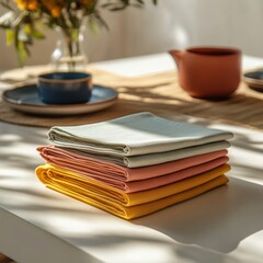 Naklejka premium A stack of colorful reusable fabric napkins made from organic cotton