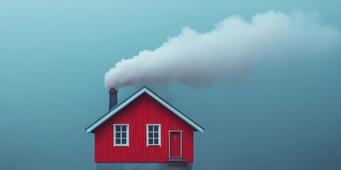 Red cabin exudes warmth with smoke curling from the chimney against a misty blue background during a quiet morning
