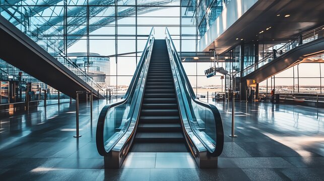An escalator in a modern, bright airport terminal, with a large glass window wall, overlooking the tarmac.