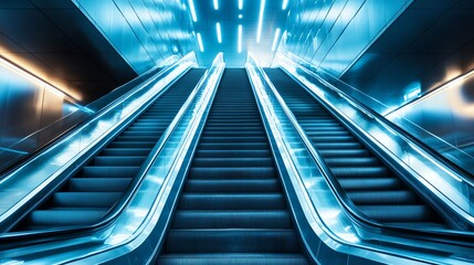 A pair of escalators in a modern building, lit with blue lights.