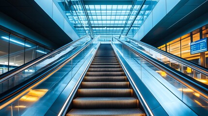 A long escalator in a modern airport terminal, with a bright window at the end.