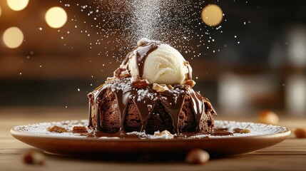 A rich chocolate cake is embellished with a vanilla ice cream scoop and decadent toppings, symbolizing luxury, joy, and masterful dessert artistry.