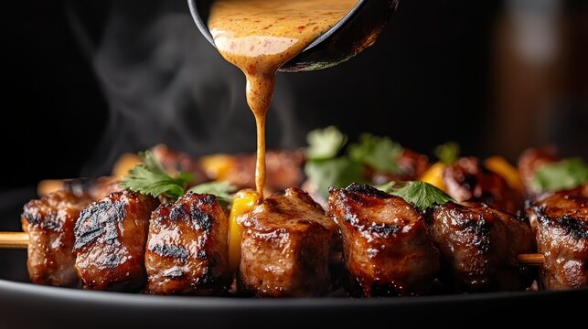 Succulent pieces of grilled meat are drenched in a savory sauce, highlighted by fresh herbs, evoking warmth, satisfaction, and culinary mastery.