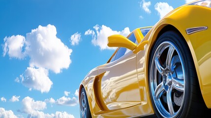 A sleek yellow sports car with modern design parked against a bright blue sky and playful clouds.