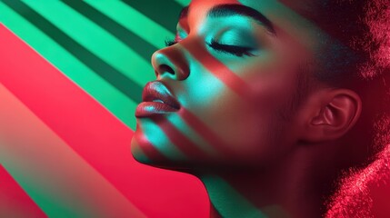 A striking abstract image showcasing a portrait of a person illuminated with vibrant red and green lighting, evoking a sense of mystery and futuristic art style.