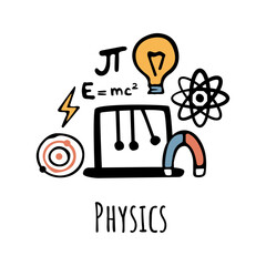 Physics school subject, discipline in college or university. Vector flat cartoon icons for students curriculum. Education and obtaining knowledge about word and matters, gravity and electricity