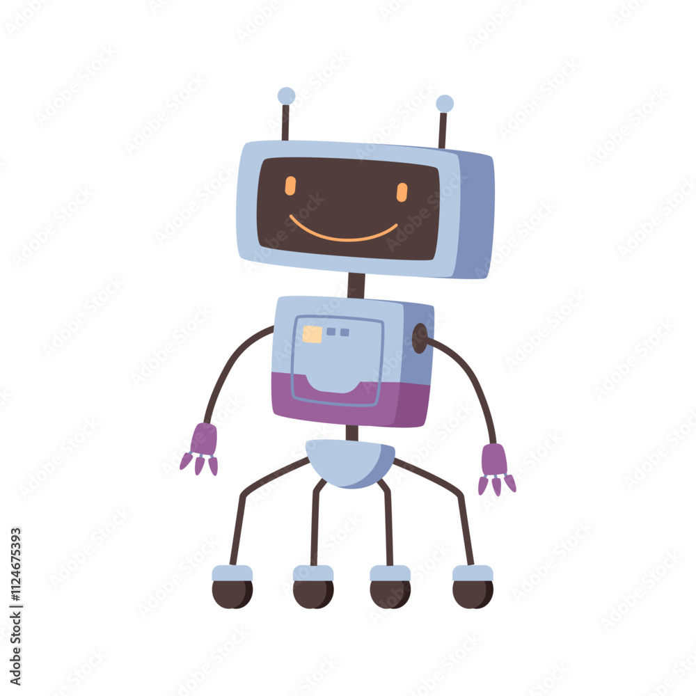 Poster Humanoid or robot with smiling facial expression and wheeled legs. Vector isolated artificial intelligence helper with friendly appearance. Cyborg for game, character from future, mascot or machine