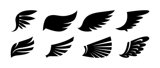 Wing stretched, isolated decorative logotypes or badges item with plumelets and feathers. Vector animal or angel, spiritual or fantasy character or personage design part or costume element