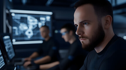 A team of engineers working on robotics, with advanced machinery and digital screens displaying blueprints in a tech lab. Engineers working on robotics in lab.