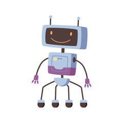 Humanoid or robot with smiling facial expression and wheeled legs. Vector isolated artificial intelligence helper with friendly appearance. Cyborg for game, character from future, mascot or machine