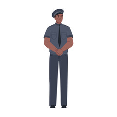 Officer wearing uniform and hat. Vector flat cartoon character, isolated policeman on duty, security and law enforcement occupation. Cop patrolling street or city on a post, military man