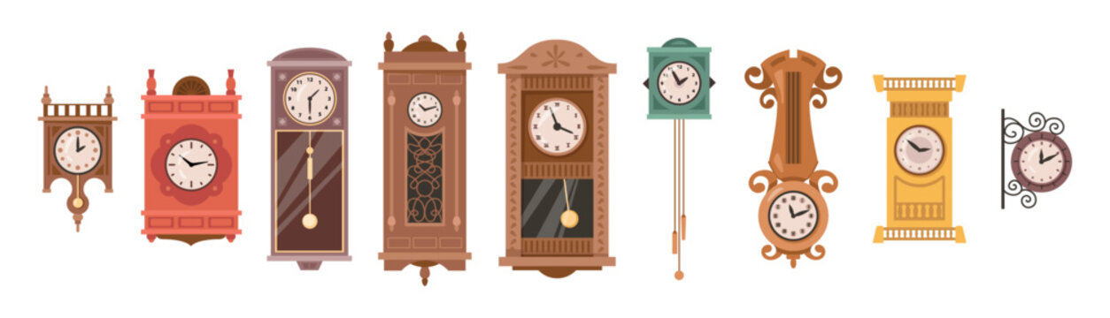 Retro antique clock collection, isolated timekeepers made from wood and metal, plastic and glass. Vector wall and longcase watches. Hourglasses, classic aesthetics and vintage themed interior decor