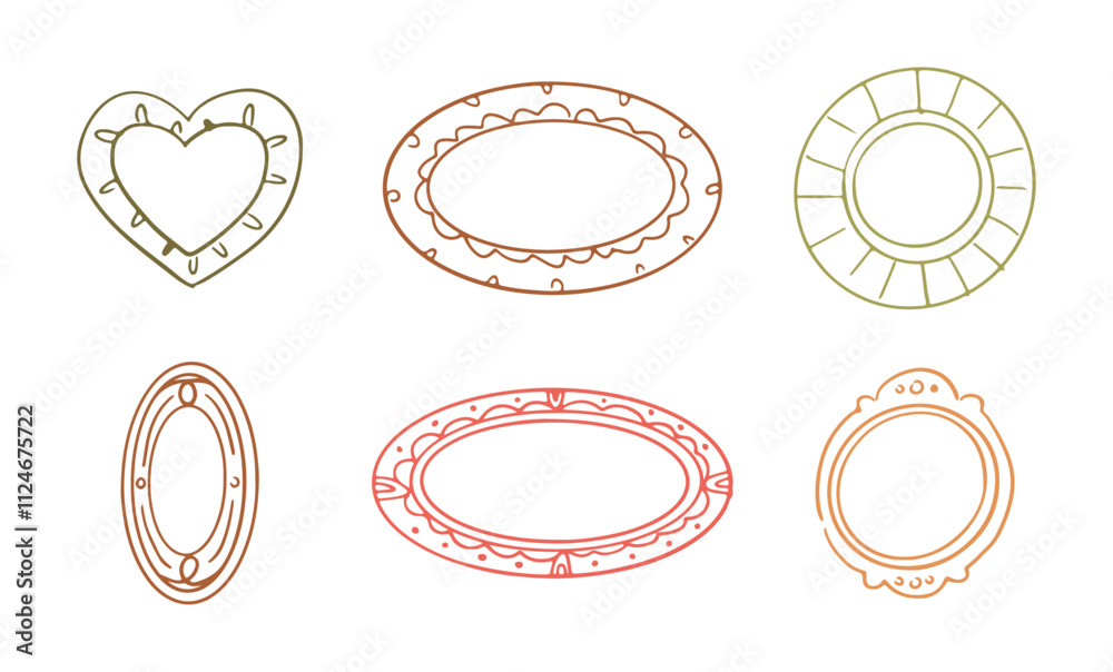 Poster photography or picture frames set. vector isolated doodle borders with drawn effect, heart shaped, c
