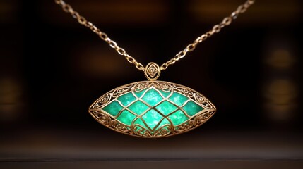 A stunning emerald pendant necklace featuring intricate gold filigree, showcasing a vibrant green stone shaped like an eye.