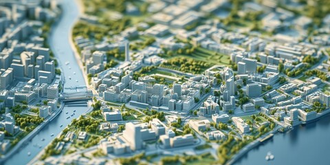 Interactive 3D map of a city with streets, parks, and tall buildings, with modern design and smooth lines, and text space on the bottom half.