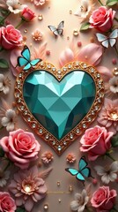 Luxurious heart-shaped gemstone surrounded by roses and butterflies for Valentine's Day greeting card
