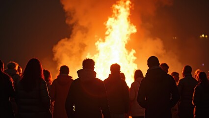 Fototapeta premium A group of individuals stands in silence, staring at a towering bonfire, creating a warm ambiance against the dark night, fostering a sense of community