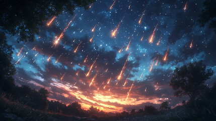 Fototapeta premium A Serene Night Sky Filled with Shooting Stars over a Tranquil Landscape at Sunset