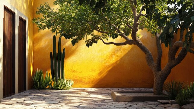 A small courtyard with a tree and a cactus