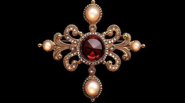 A beautifully crafted golden brooch featuring a central red stone and pearl accents, showcasing intricate design and elegance.