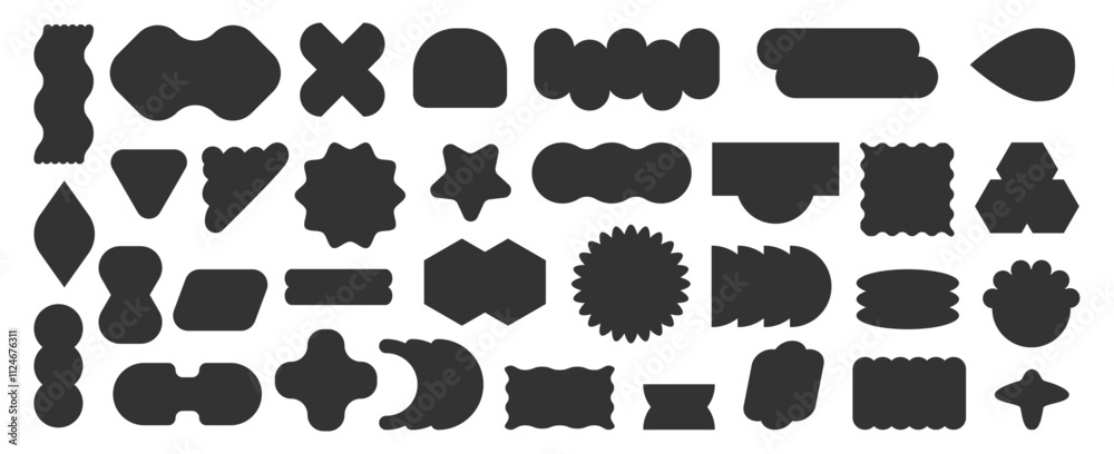 Aufkleber Brutalist labels with copy space. Vector in flat style, isolated set of stickers and figures for writing. Monochrome silhouettes in geometric brutalist shape, crosses and circles, rectangles and stars