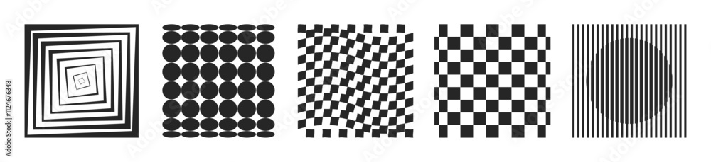 Poster Geometric square with visual effect. Vector Memphis style graphics element, optical illusion design for decoration elements. Circles or round shapes silhouettes. Modern typography decor
