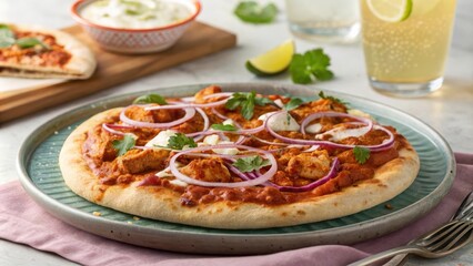 Creative fusion pizza on a plate with fresh ingredients and toppings