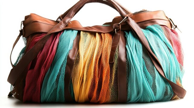A large handbag featuring multicolored mesh and leather accents lies on a white surface, embodying a bohemian flair and artistic craftsmanship.